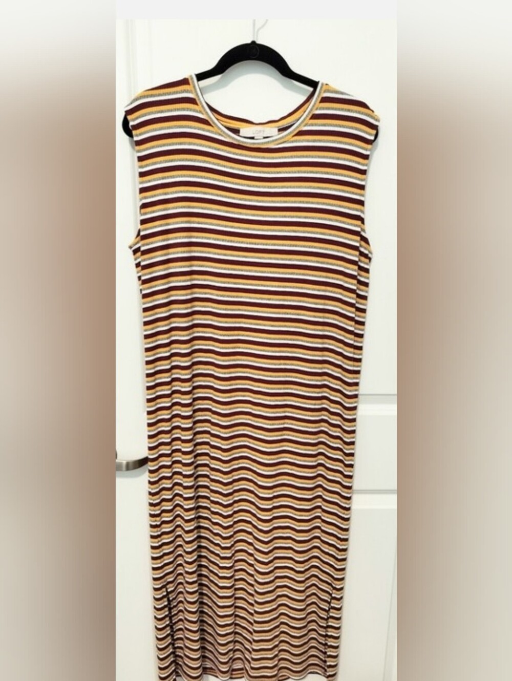 LOFT Women's L Sleeveless Striped Maxi Dress in Mustard, Burgundy & White - Picture 8 of 8